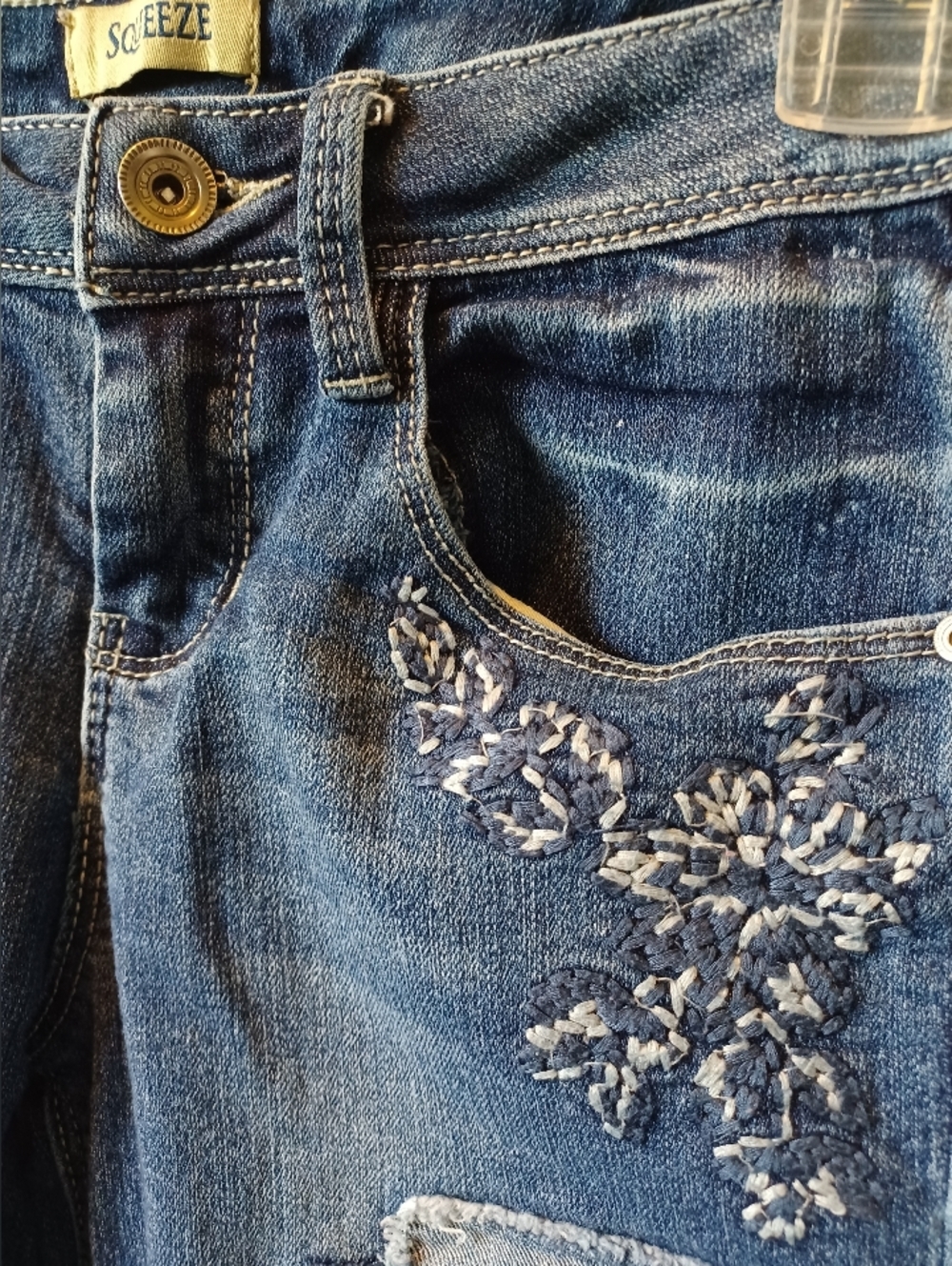 Squeeze Girls Dark Faded Blue Patch-Accent Distressed Skinny Denim Jeans - Picture 2 of 6
